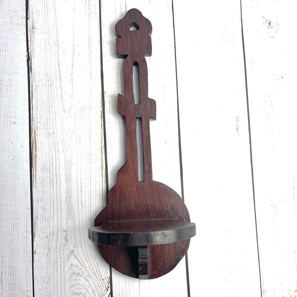 Vintage Banjo Style Shape Solid Wood Shelf Handcrafted Details Dark Brown